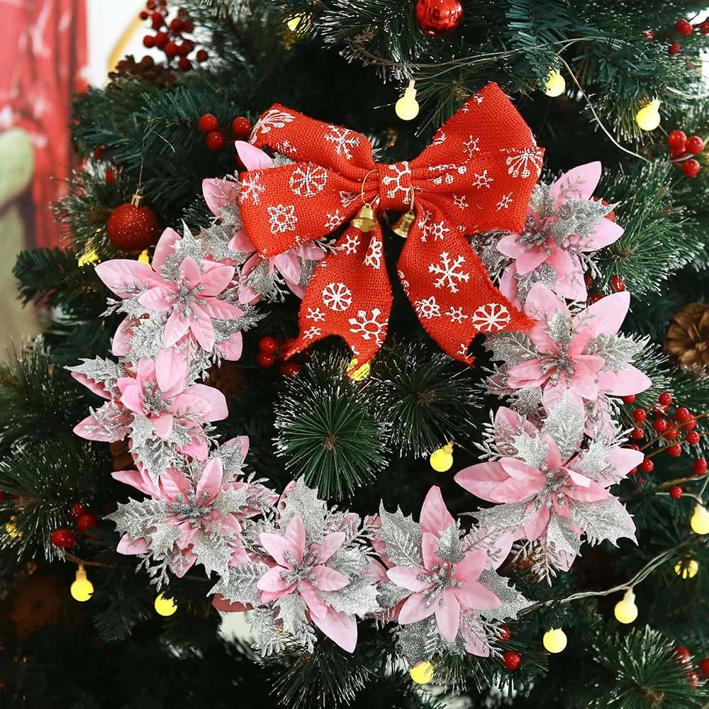 Glitter Artificial Flowers for Christmas Tree, Xmas Ornaments, Pink, Red, Gold, Home Decoration, 14.5cm
