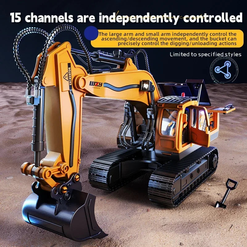 Large Alloy RC Excavator Remote Control Construction Vehicle with Operation Console, LED Light, 680° Rotation, Digger Truck Toy