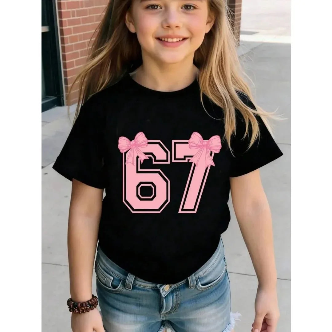 Children's 67 Christmas Elf Print Girls Short Sleeve Round Neck Tee Parties Casual Wear Comfort Children Clothes Girl Clothing
