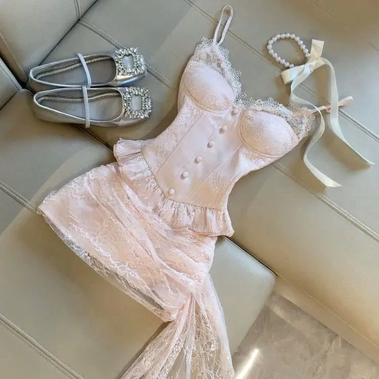 Sweet Coquette Sexy Light Pink Lace Ruffle Cami Top & Asymmetric Bodycon Skirt 2 Piece Set For Women Girls Club Party Daily Wear