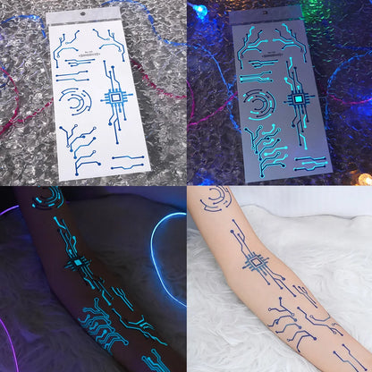 2 Sheets Large Glow In Dark Cyberpunk Mechanical Temporary Tattoos Sci-Fi Robot Line Waterproof Stickers for Cosplay Party