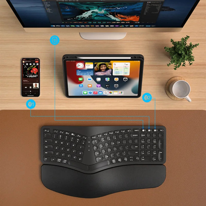 White Backlit Ergonomic Split Keyboard Bluetooth 2.4G Wireless Keyboard with Wrist Rest Rechageable Keyboard for Windows/Mac