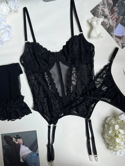 Toucheart Sexy Lingerie Onesie Women Sexy Lace Patchwork Mesh See-through Solid Color Garters Underwear Sexy Suspender Jumpsuit