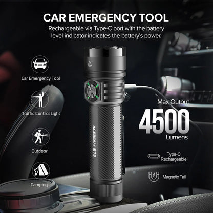ACEBEAM E75 Quad-Core LED Flashlight USB C Rechargeable Torch With 21700 Battery 4500LM 260M Flashlights Powerful Defense Strobe