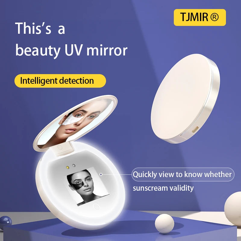 TJMIR UV Smart Sunscreen Makeup Mirror Sunscreen Detection Mirror UV Mirror Sunscreen Testing Portable LED Light Makeup Mirror