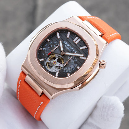 OBLVLO Men Automatic Watch Luxury 44mm Mechanical Wristwatch 50m Waterproof Sapphire Luminous Skeleton Dial 24 Hours