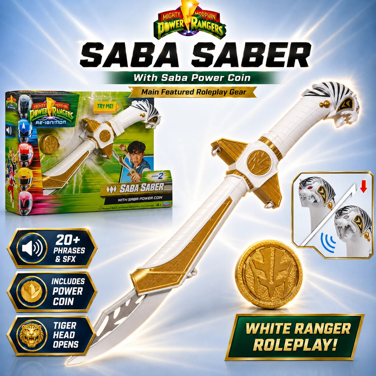 Original Mighty Morphin Power Rangers Re-Ignition Saba Saber Mask Coin Blade Blaster Dragon Knife Sound Effects Kid Roleplay Toy