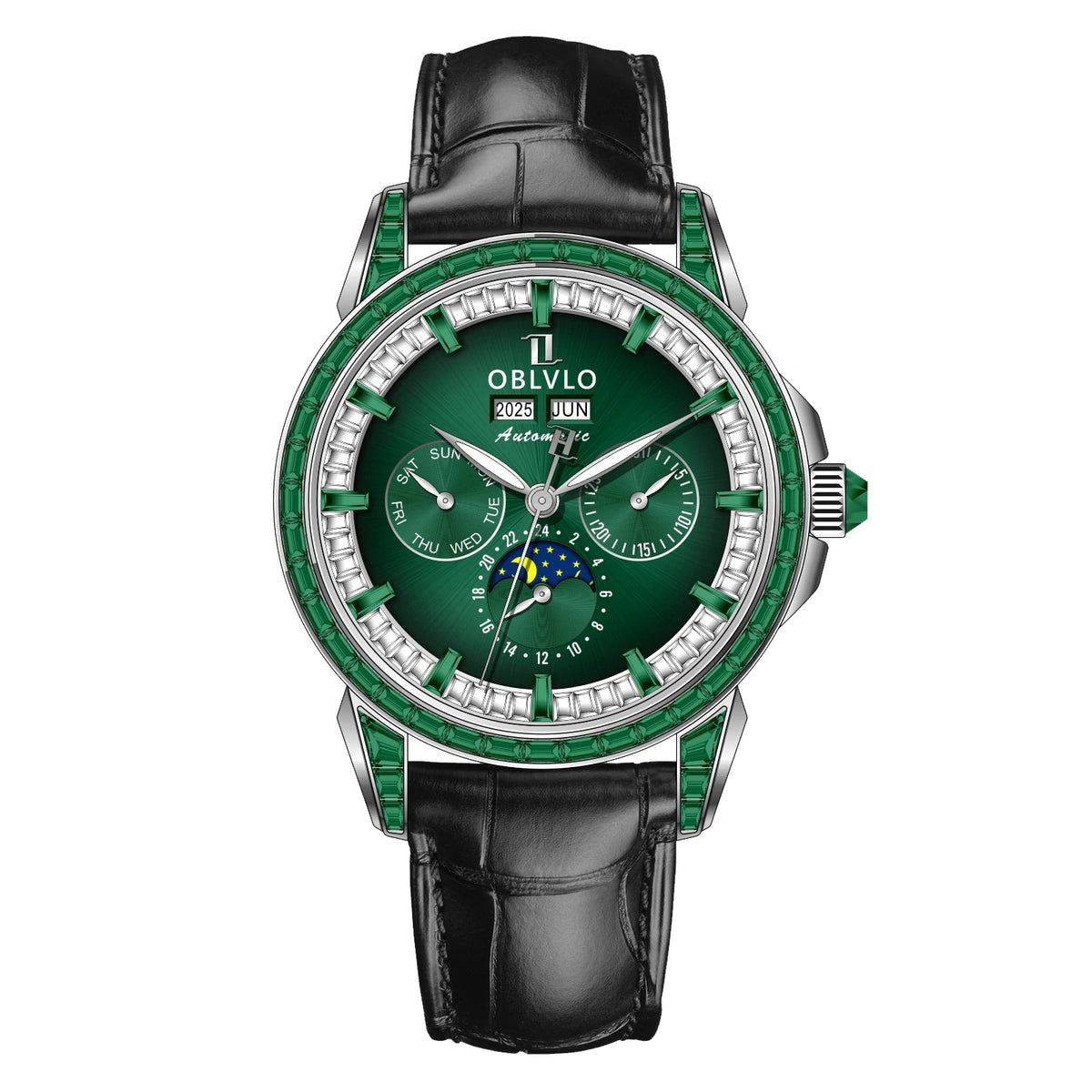OBLVLO Men's Fashion Automatic Watch Colorful Zircon Moonphase Mechanical Multifunctional Black Leather Strap Timepiece GCM-MUT