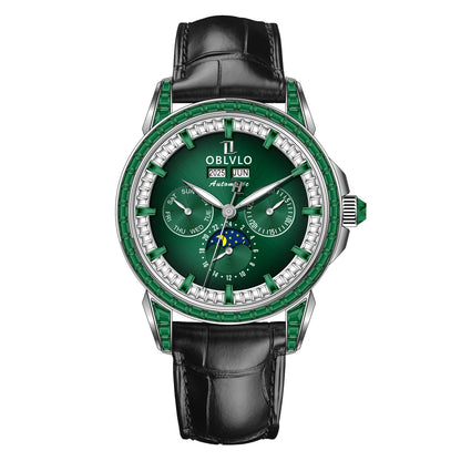 OBLVLO Men's Fashion Automatic Watch Colorful Zircon Moonphase Mechanical Multifunctional Black Leather Strap Timepiece GCM-MUT
