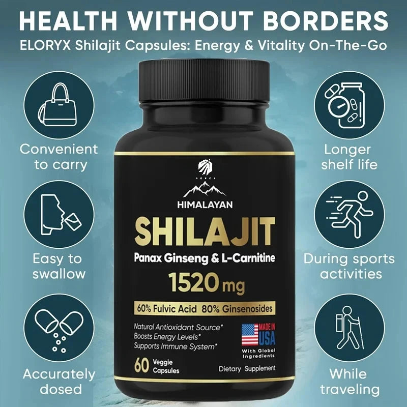 Pure Himalayan Shilajit Supplement 60 Capsules 60% Fulvic Acid 85 Trace Minerals Containing Ginseng and L-Carnitine