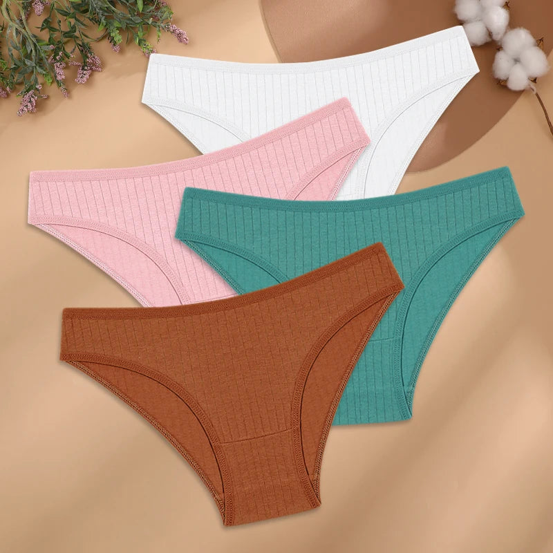 4Pcs/Set Cotton Panties Women Striped Solid Color Briefs Sexy Low-Waist Breathable Underpants Ladies Soft Stretch Lingerie M-XL