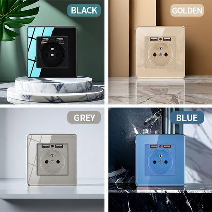 86X86MM Tempered Glass Wall Switch Socket EU FR UK Standard USB Charging Port 10A/13A 250V 1/2/3/4 Gang Crystal Panel