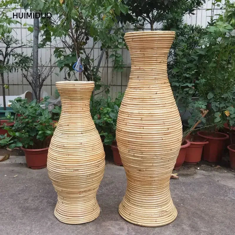 Large Natural Woven Rattan Floor Vase Bohemian Style Eco-Friendly Living Room Centerpiece Standing Planter for Home Decor