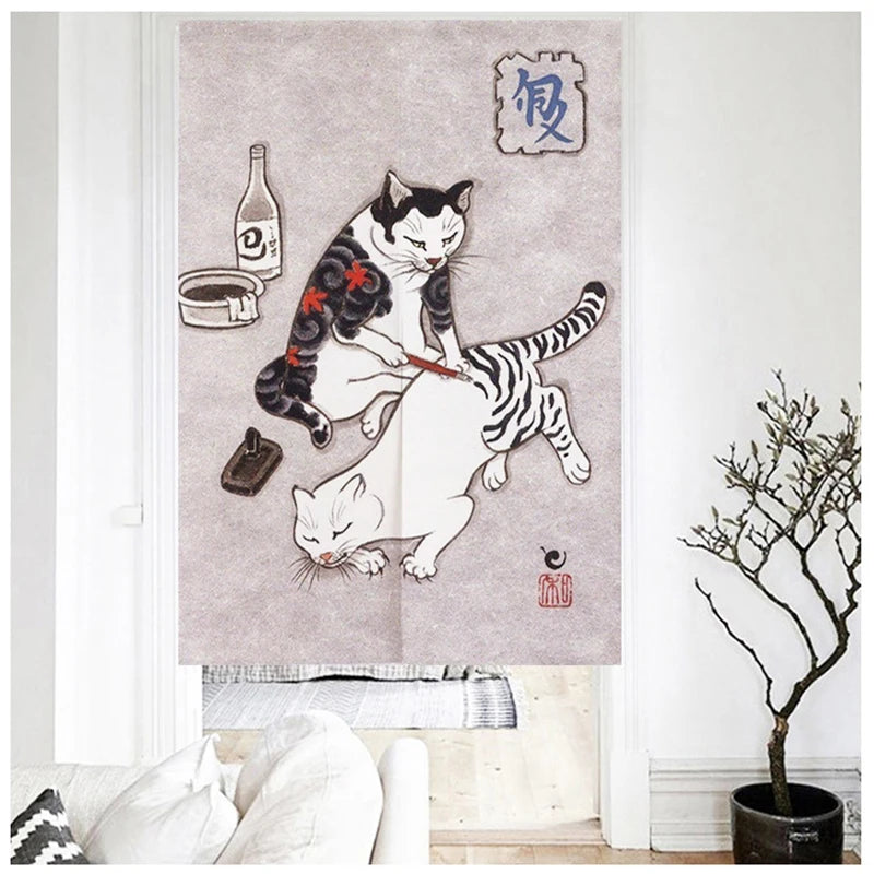 Japanese Ukiyo-e Tattoo Cat Noren Door Curtain Printed Doorway Curtain Kitchen Bedroom Entrance Decoration Hanging Half-Curtains
