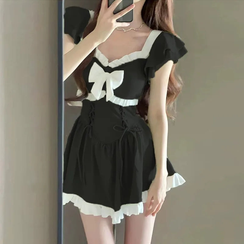 Women's One Piece Swimdress Light White Bow Ruffled Cap Sleeve Lace Up Waist Flared Skirt Summer Beach Bathing Suit Swimwear