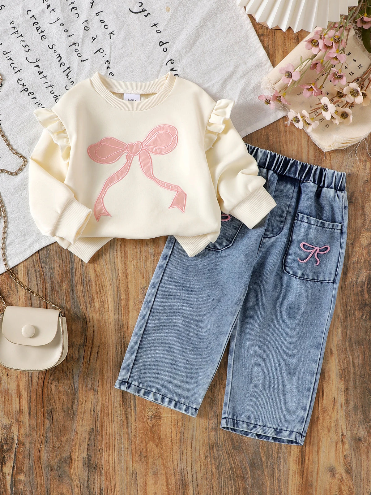 2pcs Autumn and Winter New Sweet, Comfortable and Fashionable Girl 1-3 Years Old Apricot Long-Sleeved Sweater + Denim Pants