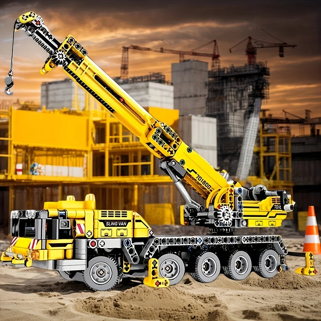 City Series Mechanical Crane Building Block Set, Yellow Engineering Crane Model, Movable, Rotatable, and Liftable, Suitable as a Birthday Gift for Collectors, Christmas or Halloween Gift