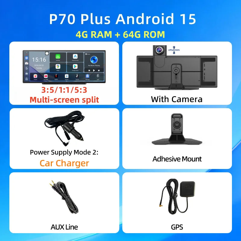 Imagebon P70Plus 11.4" Android 15 8Core 6+128G CarPlay Android Auto Dash Cam Split Screen Video Recorder WiFi YouTube AI GPS DVR