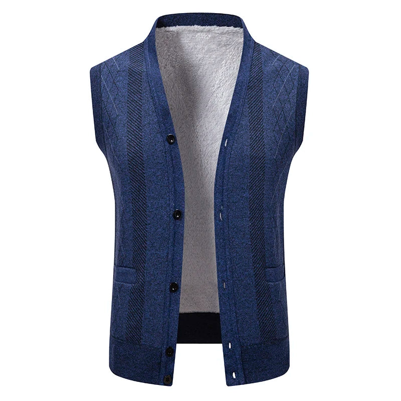 Mens Sleeveless Cardigan Knit Sweater Vest V Neck Button Down Cardigan Sweaters Knitted Dad's Argyle Vest with Pocket