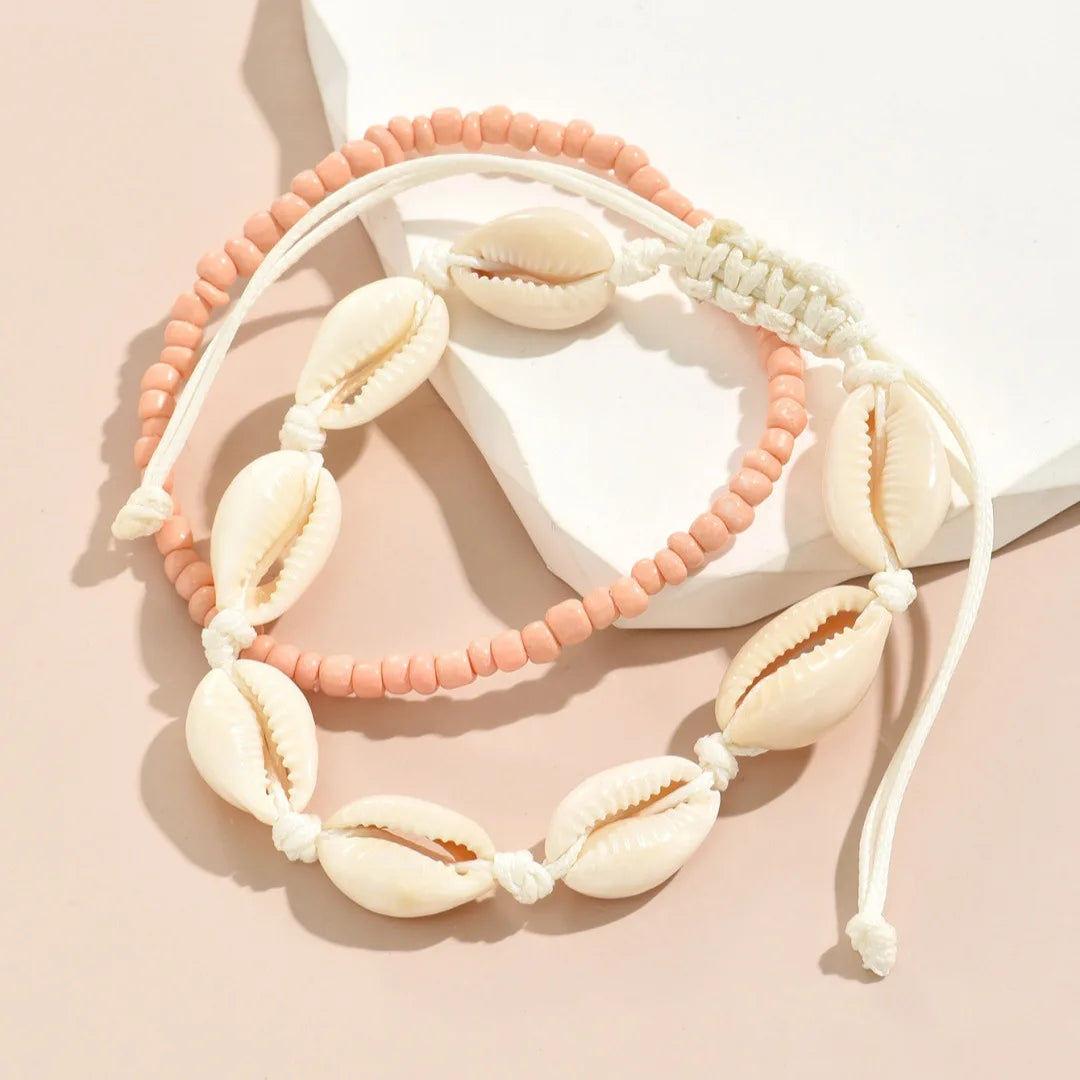 2PCS Bohemia Natural Shell Anklets For Women Small Resin Beads Summer Beach Shell Barefoot Ankle Bracelet Leg Chain Foot Jewelry