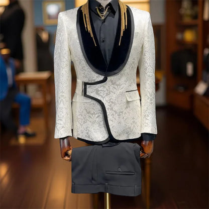 Floral Wedding Suits for Men with Buckle Button 2 Pcs Male Fashion Groom Tuxedo Custom Made Male Suit Set Jacket with Pants