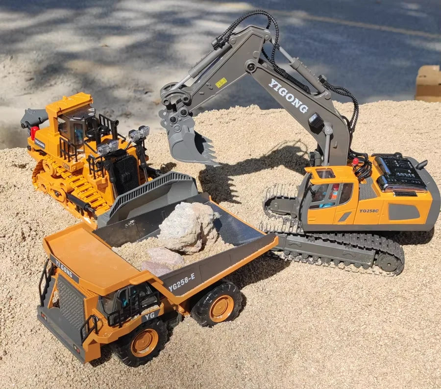 Oike 4WD Remote Control Excavator Alloy Dump Truck Bulldozer Radio Model RC Car Construction Vehicle with Lights Sound Toy Gift