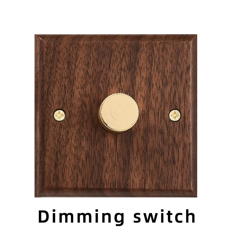 Black walnut wood retro British light switch socket, bedside wall lamp switch LED dimmer, pure wood brass toggle switch board