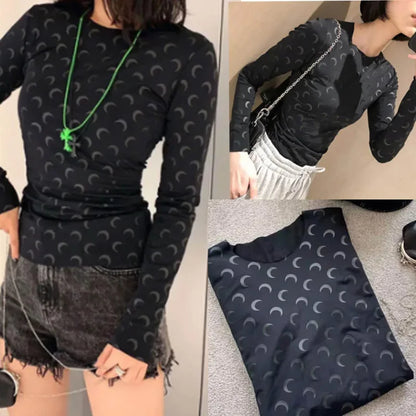 Ice Silk Two Piece Set Womens Sun Protection Clothes Long Sleeve Moon Print Top and Pants American Retro Sexy Autumn New