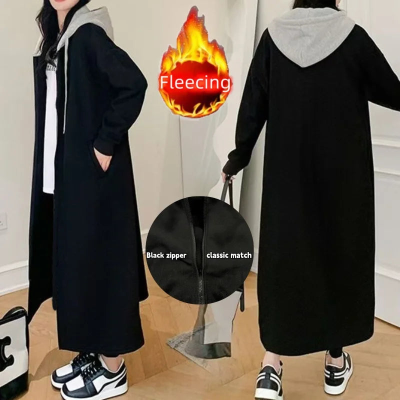 Plus Size Hooded Zip-Up Long Coat Winter Thick Hoodie Fleece Women's Oversize Jacket Casual Black Outerwear Patchwork All-match