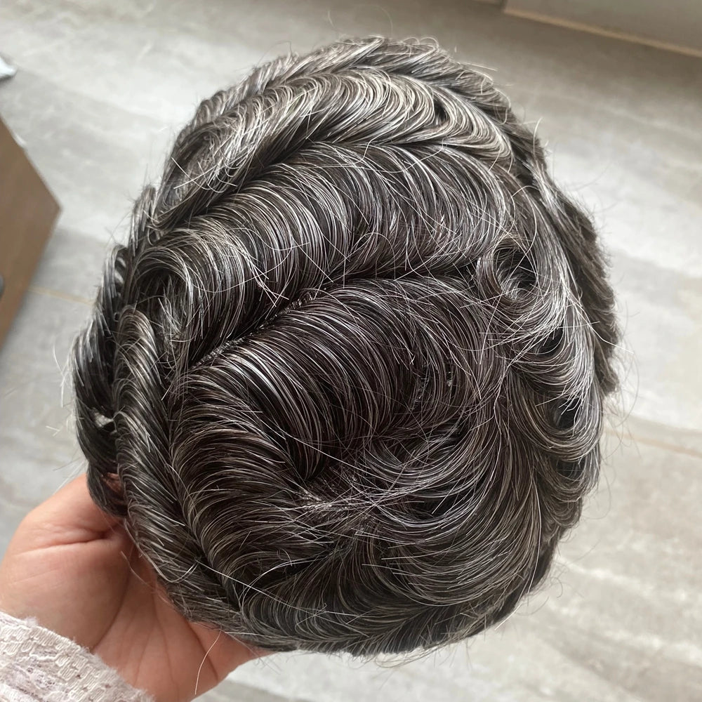 5 Inches Human Hair Brown Gray Blonde Natural Hairline Men's Toupee Long Last 0.1mm Poly Skin Silicon Base #4 1b50 Hair Replace