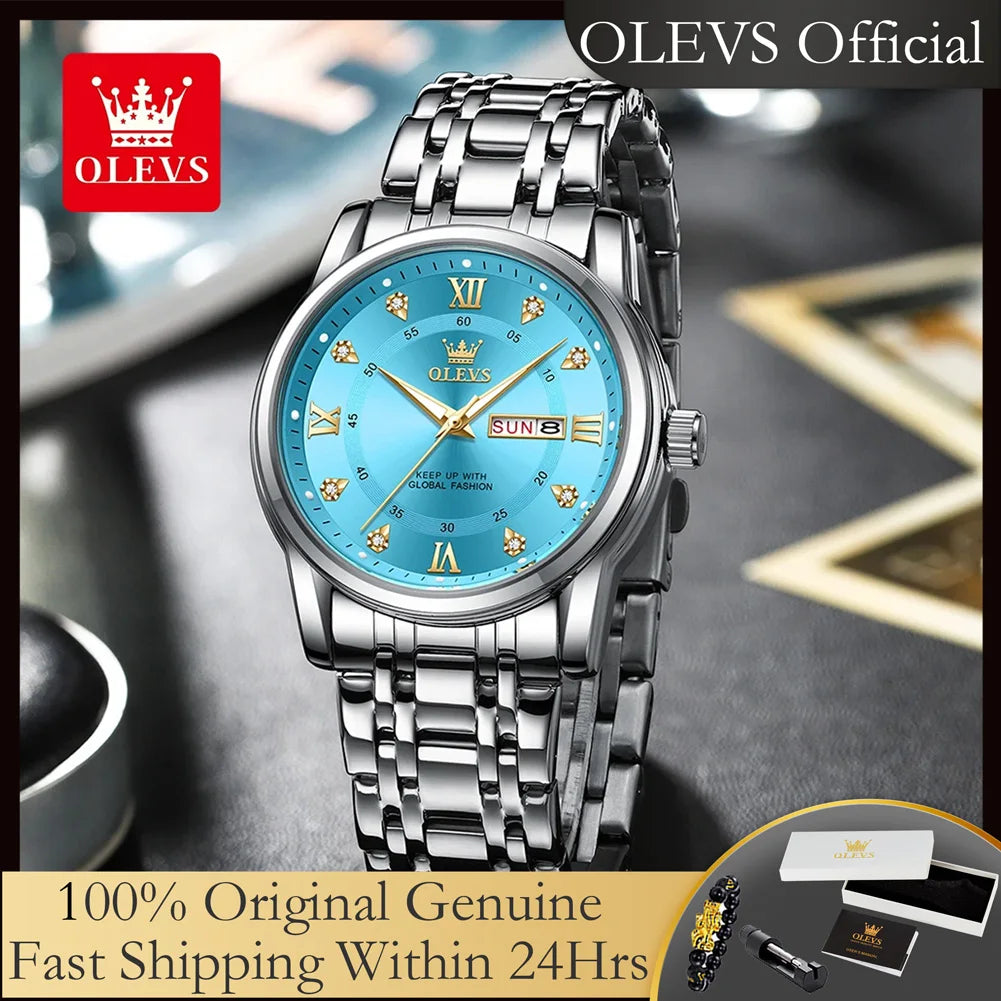 OLEVS 5513 Exclusive Original Quartz Watch for Men Diamond Roman Scale Waterproof Wristwatch Dual Calendar Stainless Steel Watch