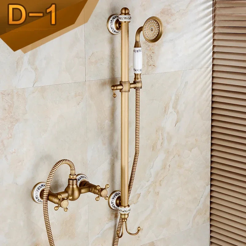 Brass Luxury Bathroom Shower Antique Bronze Finished Wall Mounted Lifting Bathroom Shower Mixer Set Portable Shower