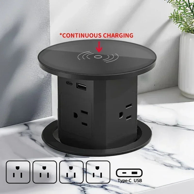 Hydraulic Lifting Socket Automatic Pop  Up Wireless Charge Universal/US/UK/TL Plug Adapter Hidden Four Sided Socket Power Supply