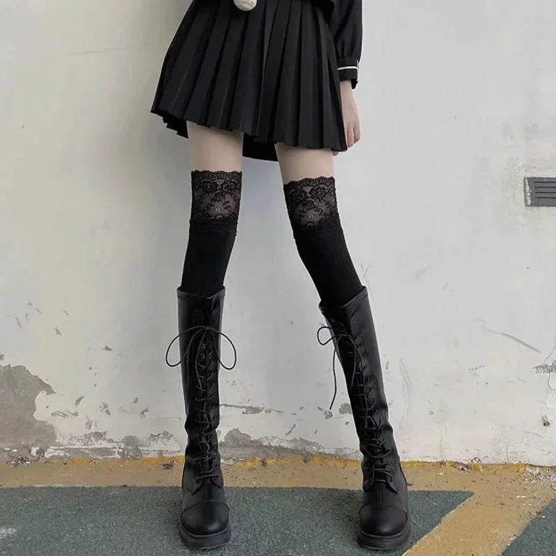 Women's Lace Trim Over the Knee Socks Lolita Ruffle Top Thigh High Stockings Japanese Style Knit Long Socks Casual Slouch Socks