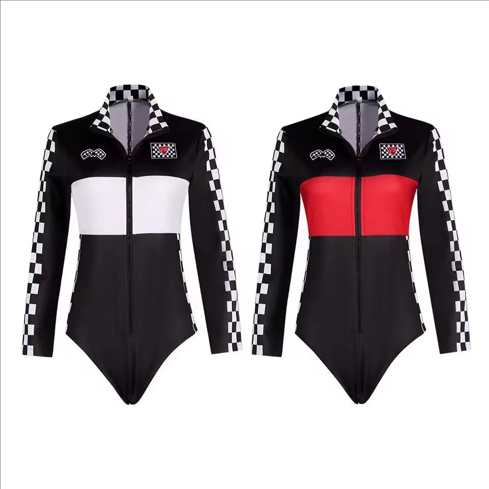 Women Race Car Driver Jumpsuit Cosplay Costume Sexy Bodysuit Long Sleeves Car Game Racer Girl Cheerleaders Uniform Halloween