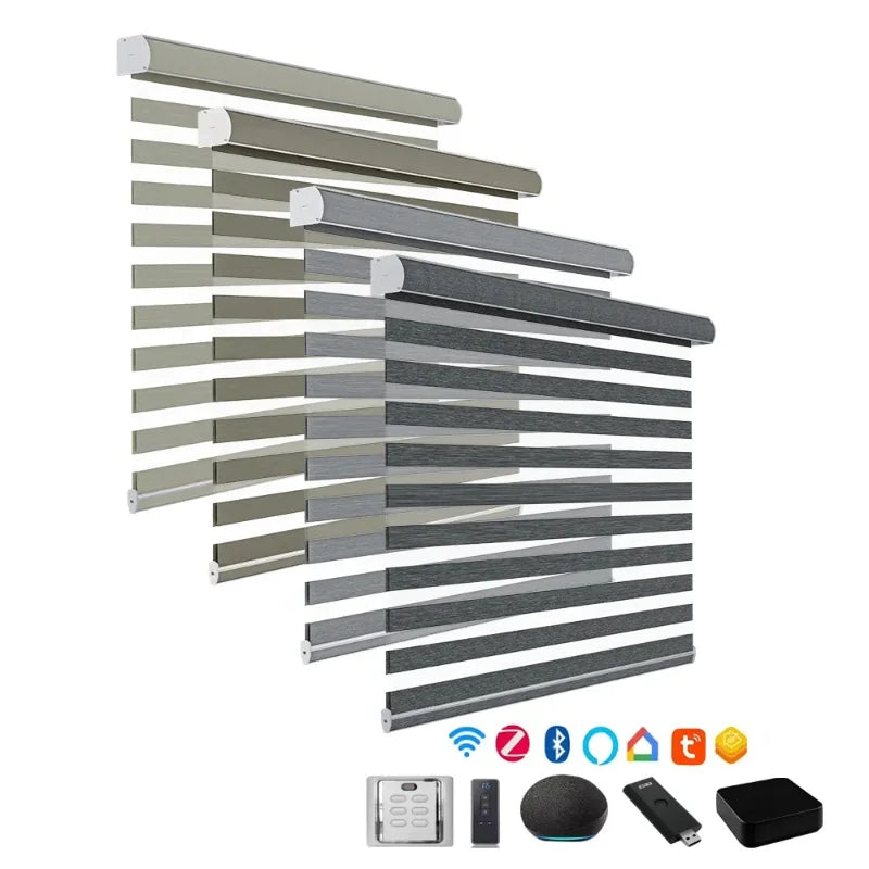 Customized Design Double-Layer Fabric Black 100%Light Waterproof Noise Reduction Motorized Cordless Zebra Blinds For Bedroom