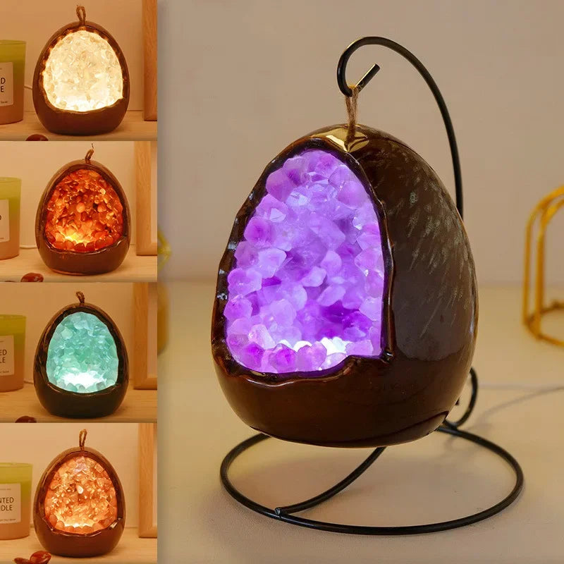 Natural Amethyst Cave Table Lamp Dinosaur Egg Bedroom LED Night Light Bedside Lamp Amethyst Flower Handicraft Home Decoration