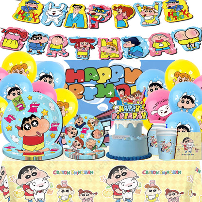 Crayon Shin-chan Birthday Party Disposable Paper plate Cake Topper Hanging Flag Crayon Shin-chan Balloon Birthday Decorations