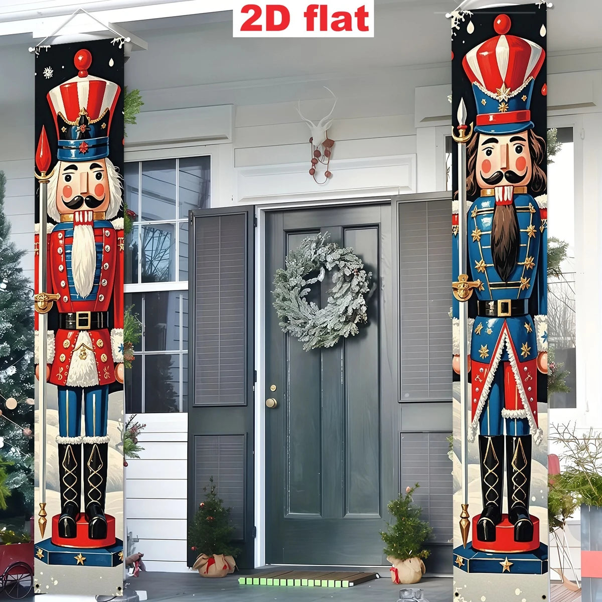 2Pcs Nutcracker Soldier Christmas Door Couplets 2D Flat Polyester Hanging Banner Xmas Front Porch Indoor Outdoor Holiday Decor