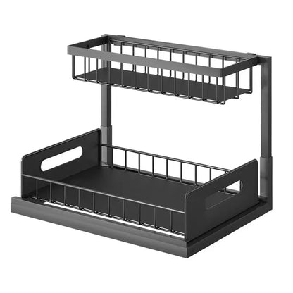 2 Tier Sliding Under Sink Storage Rack Rustproof Metal Iron Pull Out Basket Organizer for Kitchen Bathroom Cabinet Home Storage