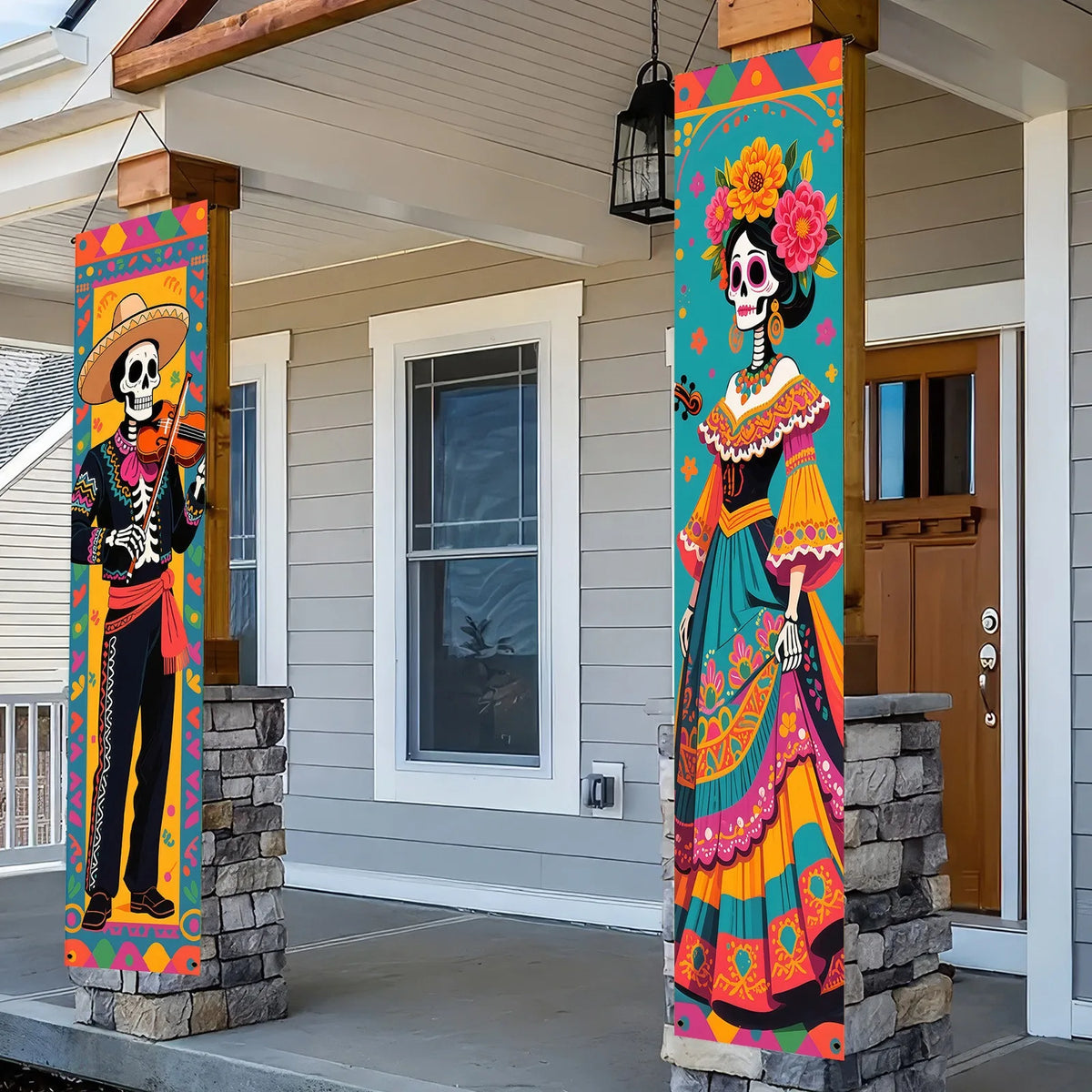 Day Of The Dead Door Banner Set Skeleton Couple Polyester Cloth Dia De Los Muertos Halloween Porch Sign For Indoor Outdoor Decor