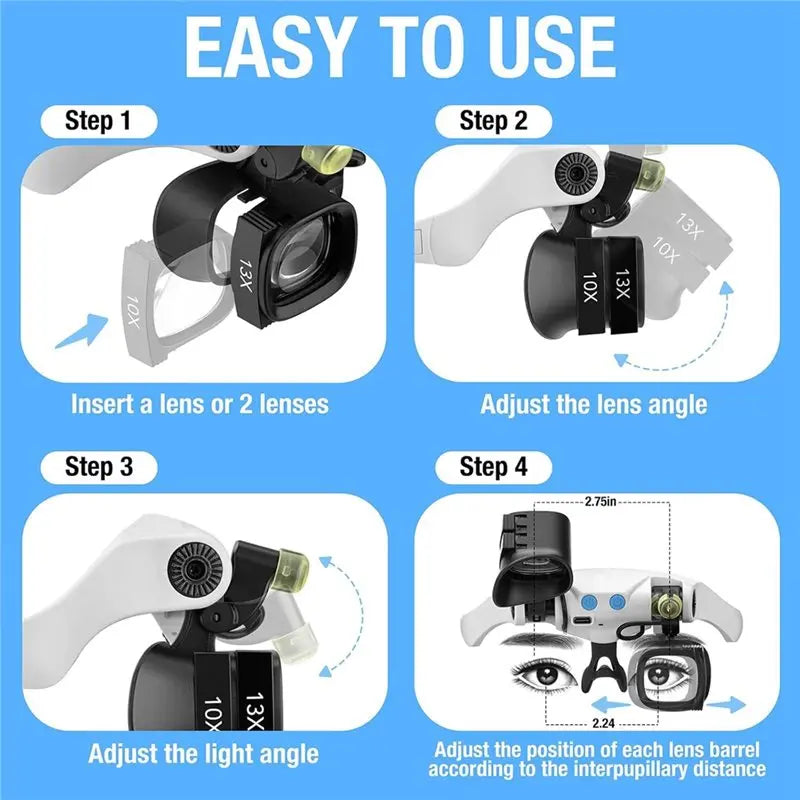 A93Z Jewelers Magnifying Glass With Light& 5 Interchangeable Lens Pairs(2X 4X 6X 10X 13X) For Close Work, Glasses Headband Inclu