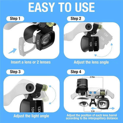 A93Z Jewelers Magnifying Glass With Light& 5 Interchangeable Lens Pairs(2X 4X 6X 10X 13X) For Close Work, Glasses Headband Inclu