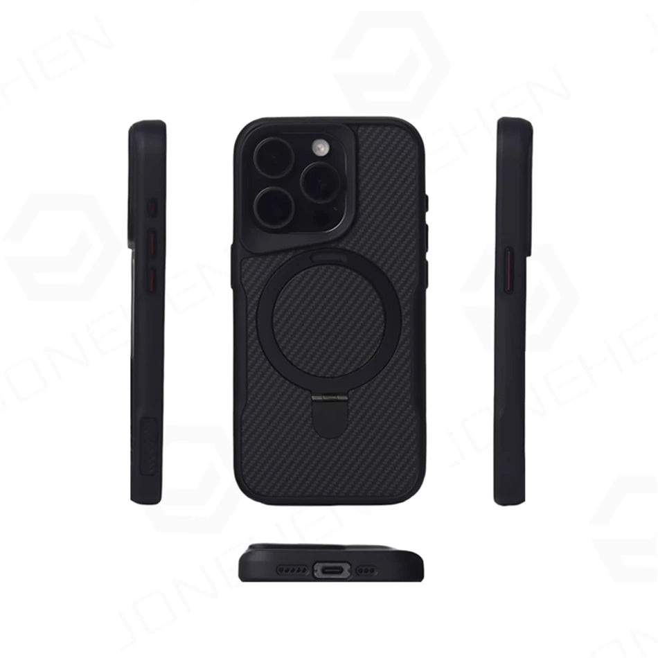 Luxury For Magsafe Shockproof Frame Armor Case For iPhone 13 15 12 14 16 17 18 Pro Max Metal Bracket Carbon Fiber Pattern Cover