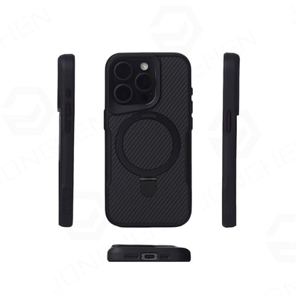 Luxury For Magsafe Shockproof Frame Armor Case For iPhone 13 15 12 14 16 17 18 Pro Max Metal Bracket Carbon Fiber Pattern Cover