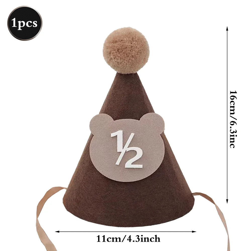 Cute Bear Kids 1st Birthday Hat Thick Non-woven Cute Bear Felt Birthday Banner Ball String Baby Shower Party Decoration Supplies