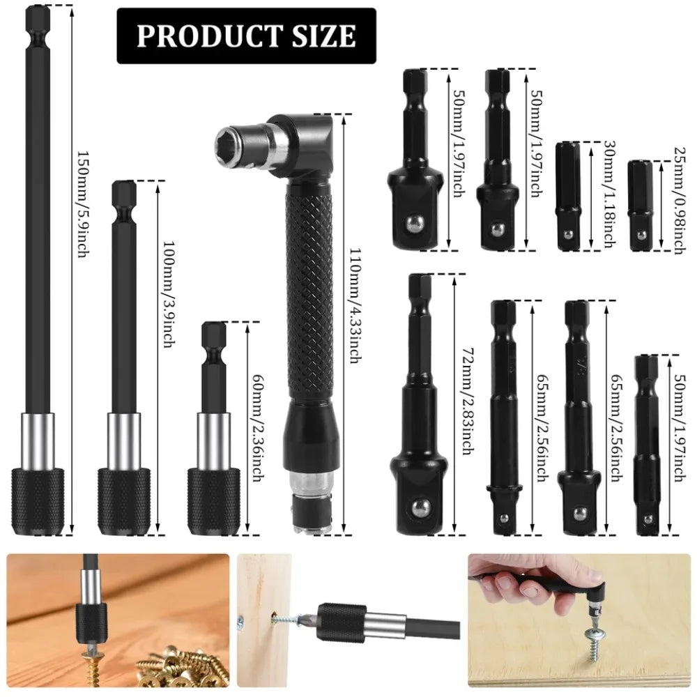 Flexible Drill Bit Extension Set, 105° Right Angle Drill Attachment Hex Adapter Socket Bendable Magnetic Extender Screwdriver