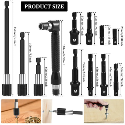 Flexible Drill Bit Extension Set, 105° Right Angle Drill Attachment Hex Adapter Socket Bendable Magnetic Extender Screwdriver