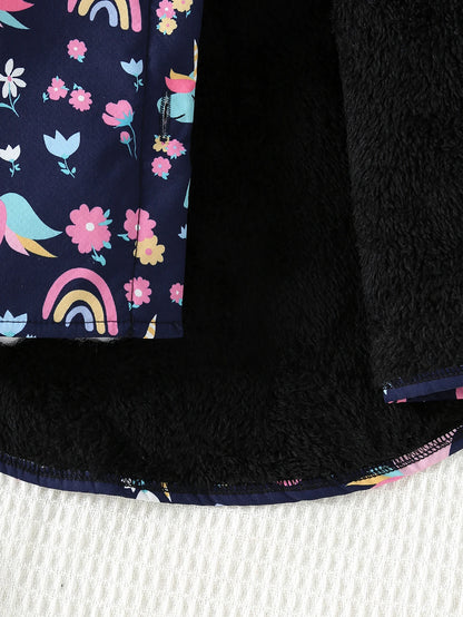 Autumn And Winter Girls' Unicorn Flower Printed Jacket With Plush Insulation Long Sleeved Casual Hooded Jacket