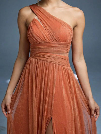 One Shoulder Solid Color Brides maid Dress perspective High slit Mesh Long dress